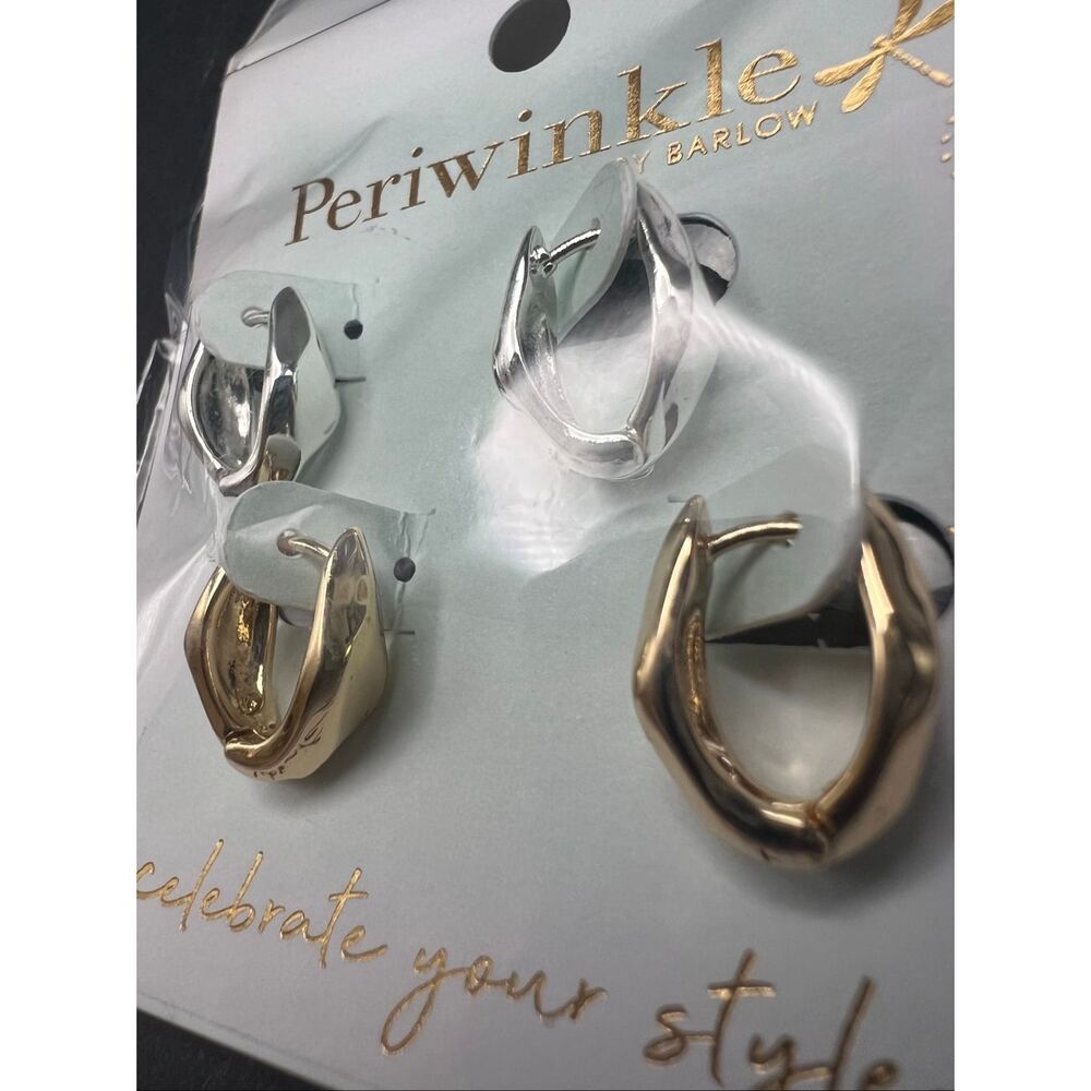 New! Periwinkle By Barlow Silver and Gold Tone Wavy Huggie Hoop Earring Set - Picture 3 of 6